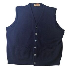 Birkdale Vintage Navy Blue 100% Pure Virgin Wool Button Front Cardigan Vest XL